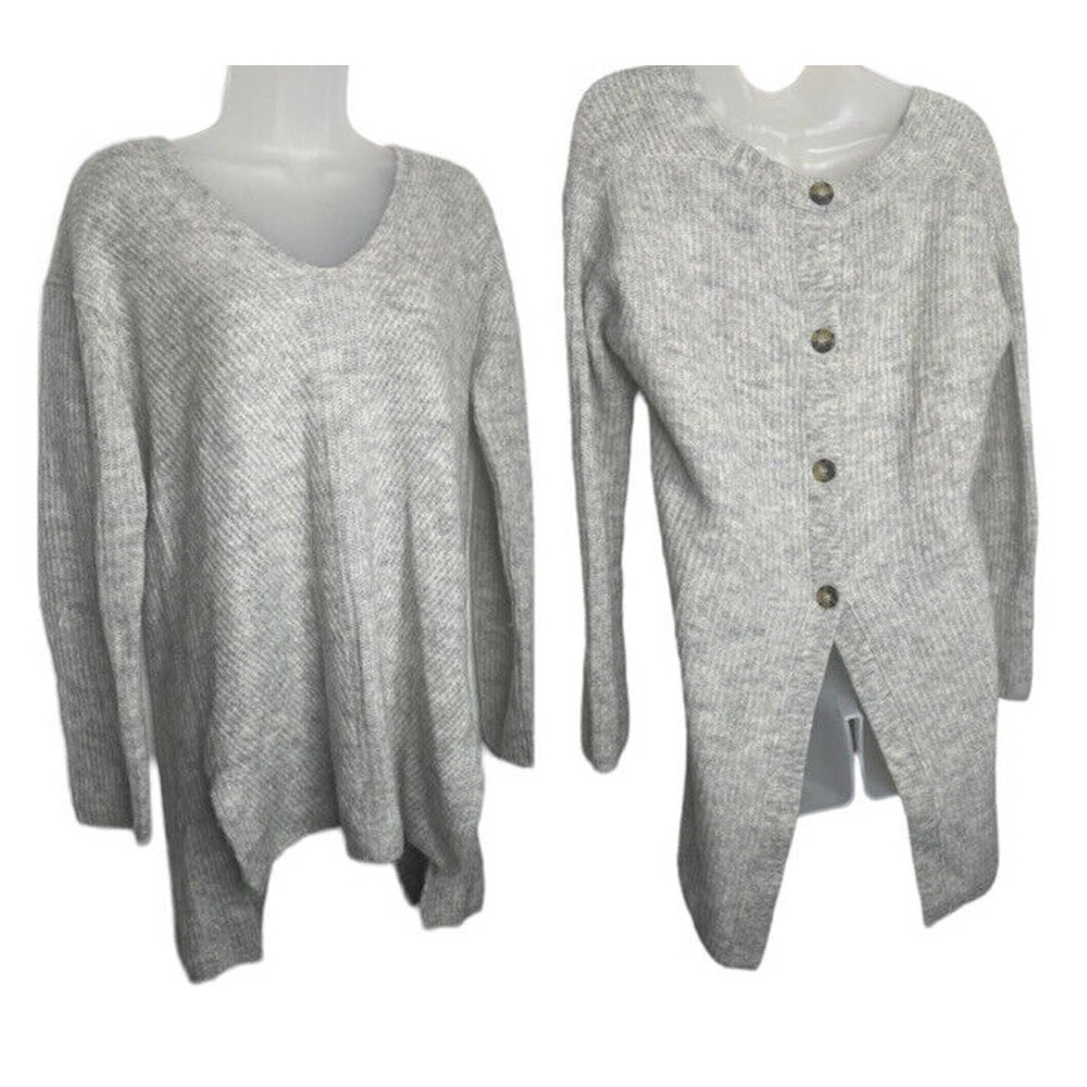 J Crew Point Sur Gray Ribbed Sweater Back Buttons Womens XS Oversized Alpaca